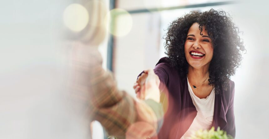 Business,Woman,,Handshake,And,Thank,You,With,Happy,Deal,And