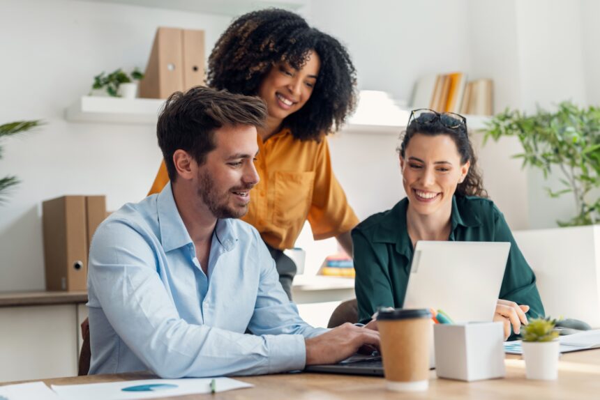 Shot,Of,Business,People,Working,With,Laptop,And,Talking,Of